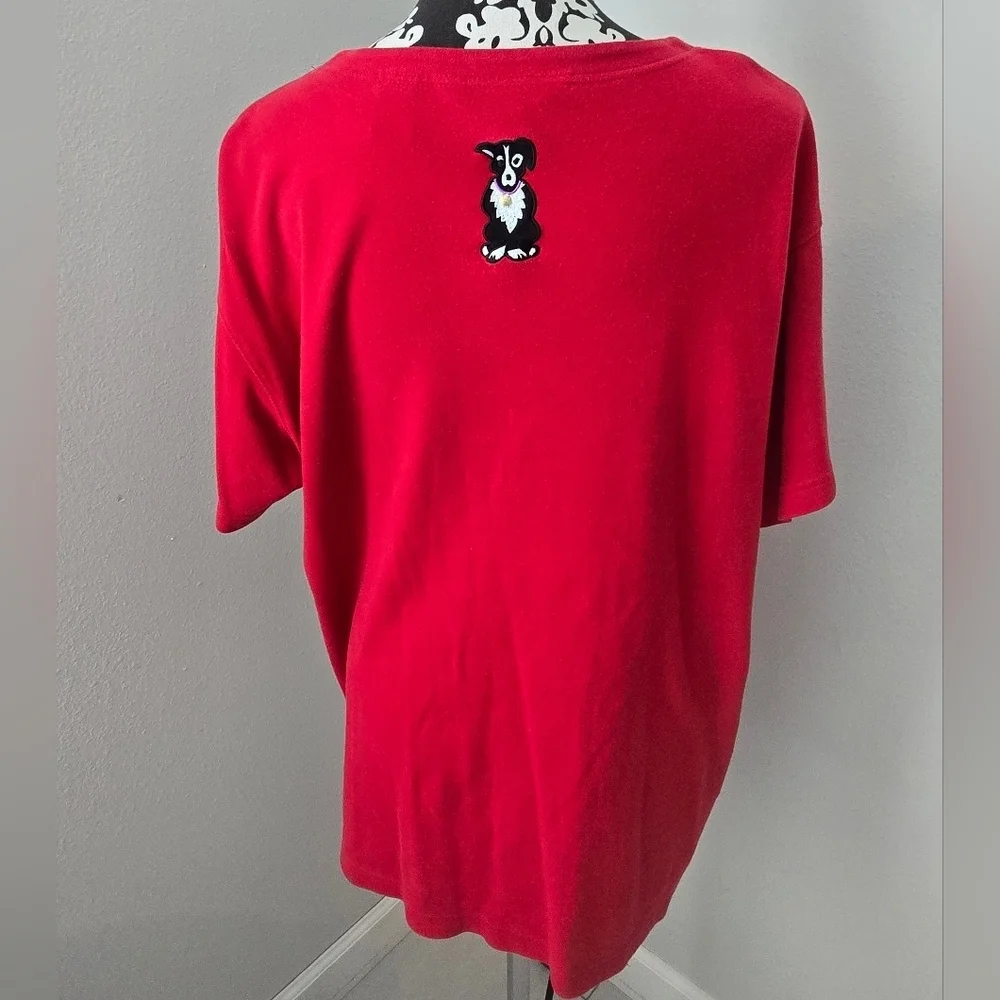 Bechamel Womens T-Shirt Size L Red Short Sleeve Dog Puppies Tee 100% Cotton.